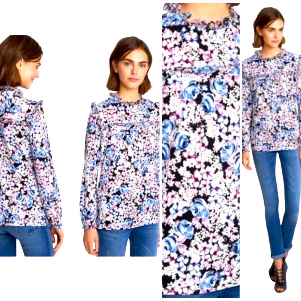 KARL LAGERFELD PARIS - NWT Floral Pleated and Ruffled Neckline Blouse. Size L